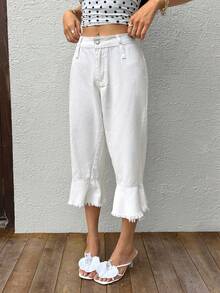 Sunnyshic Fashionable Casual Lace Trim Washed Denim Capri Pants - White - View 3