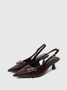 Zapatos de mujer de tacón de aguja y tiras en la espalda, de estilo sexy y versátil, con hebilla, para uso diario y de tacón de gatito y tacón de aguja - Marrón oscuro - Ver 2