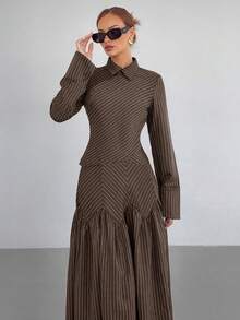 Siren Gaze Autumn/Winter New Striped Office Shirt And Midi Skirt Set For Women - Brown - View 3