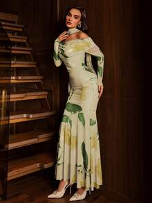 Modelyn Đầm nữ lưới in hoa, trễ vai, xếp ly, thắt nơ, thanh lịch, dài ngang gối. - Vàng nhạt - Xem 4