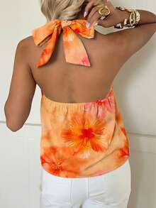 SHEIN EZwear Top feminino frente única com estampa floral de hibisco laranja, estilo casual minimalista para férias na primavera e verão, cruzeiro na praia, boho, faroeste, festival, garota da ilha, vintage, praia, romântico, com vibe de férias, férias de primavera, fofo, para casa, delicado, para garota clean, festival de música, show, casamento, convidada, viagem à cidade, elegante para as férias. - Multicolorido - Ver 2