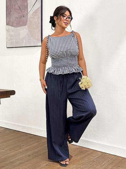 Lounesse Plus Size Women's Plaid Top With Cinched Waist & Plaid Pants Set, Navy Blue Casual Commuter 2-Piece Outfit