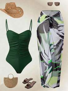 Swim Oasis Dark Green Summer Elegant Beach Holiday Women's Waist Gathered One-Piece Swimwear&Printed Cover-Up Dress Set, Casual Music Festival Party Outfits - Army Green - View 1