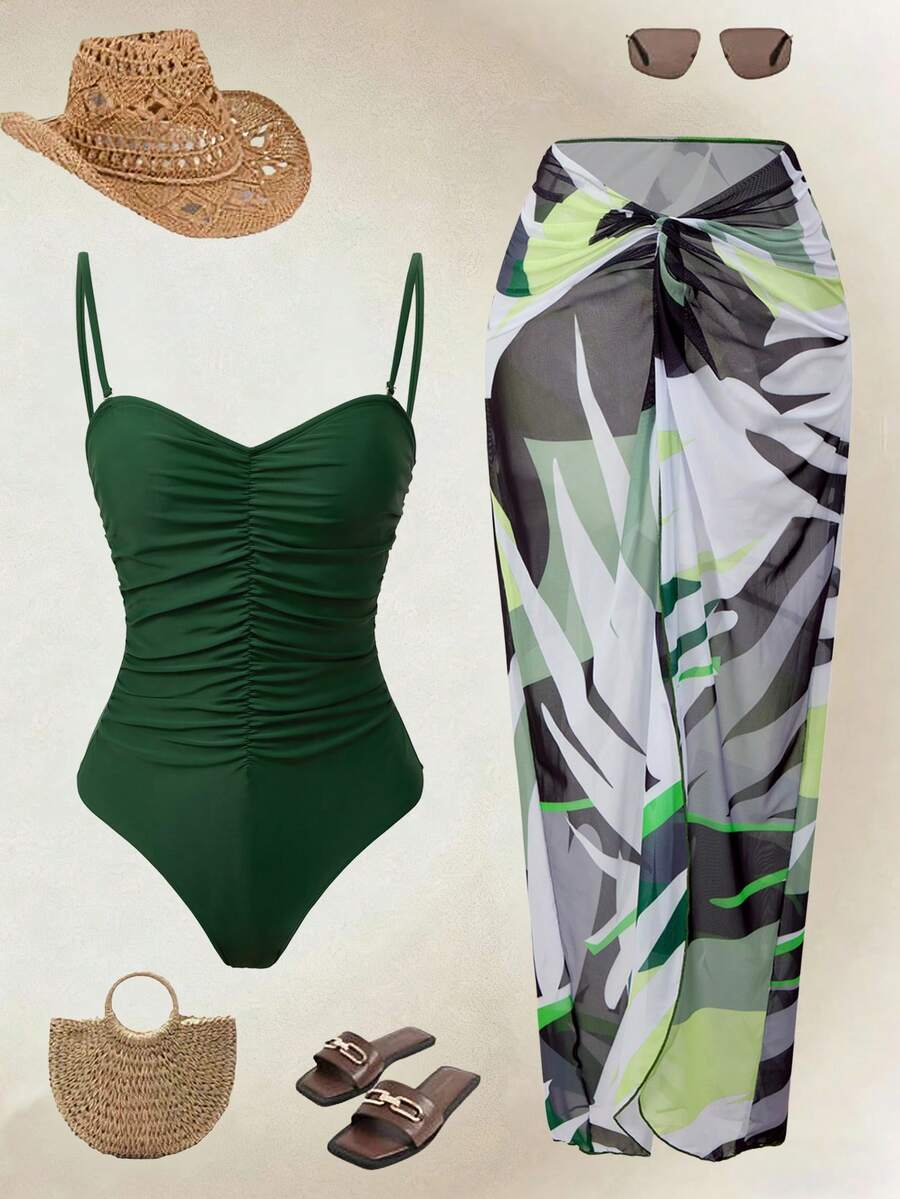 Swim Oasis Dark Green Summer Elegant Beach Holiday Women's Waist Gathered One-Piece Swimwear&Printed Cover-Up Dress Set, Casual Music Festival Party Outfits - Army Green - View 1