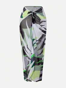 Swim Oasis Dark Green Summer Elegant Beach Holiday Women's Waist Gathered One-Piece Swimwear&Printed Cover-Up Dress Set, Casual Music Festival Party Outfits - Army Green - View 6