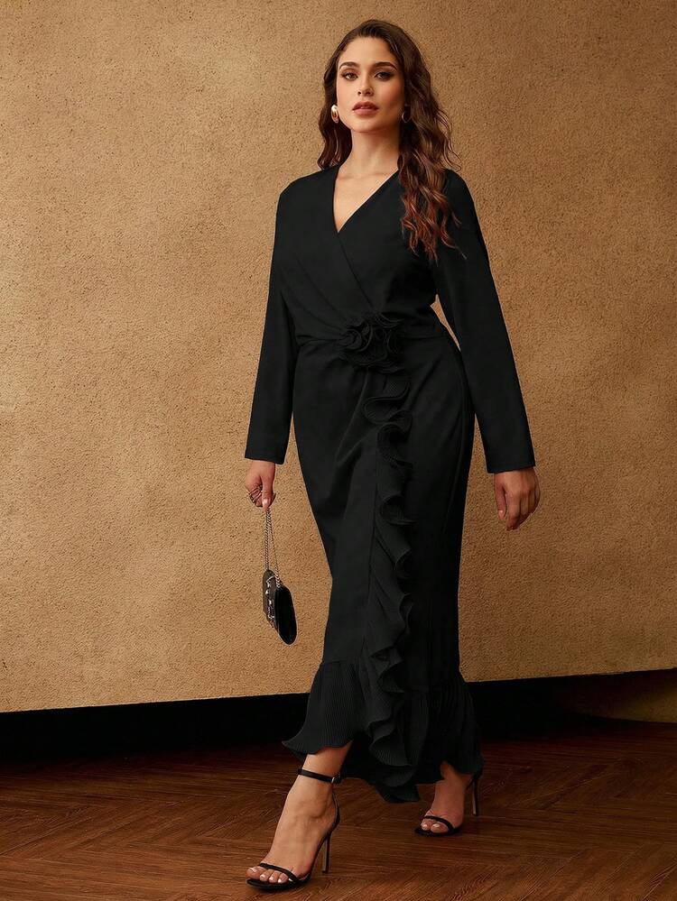 PLUS SIZE WRAP-STYLE 3D FLORAL RUFFLE TRIM LONG SLEEVE MIDI FITTED DRESS, SUITABLE FOR AUTUMN/WINTER PARTY