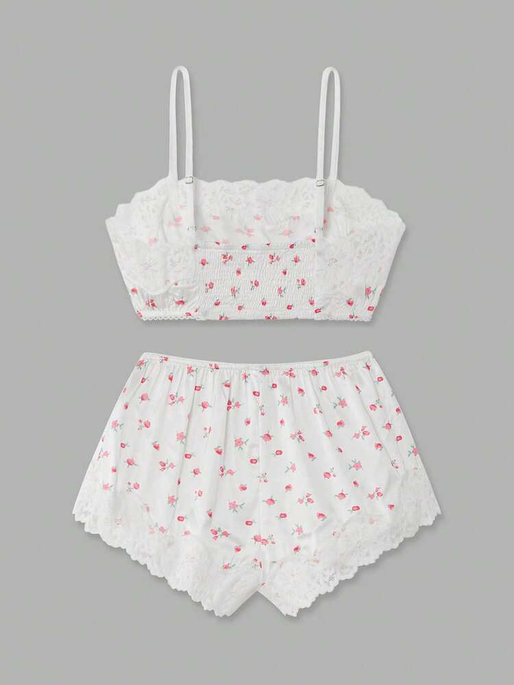 White Floral Print Cami And Shorts Lingerie Set With Red Flowers And Lace Trim Cute Spring Summer Style French Style Parisian Style Valentines