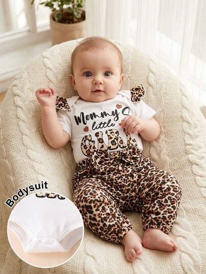 SHEIN 2pcs/Set Unisex Infant Toddler Newborn 0-3T Baby Girl Moon Pattern White Short Sleeve Romper And Yellow Floral Rose Print Bow Decor Elastic Waist Pants Set, Spring/Summer, Suitable For Holidays, Parties, Vacation