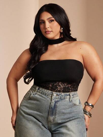 SHEIN BAE Mono de encaje negro con parches para mujer de talla grande, verano