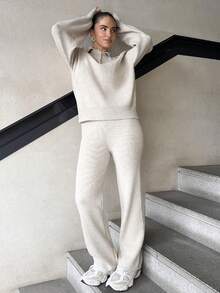 Marta Soriano 2件套女士休闲翻领毛衣和裤子套装，秋季 - 米色 - 查看 6