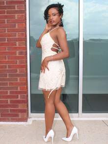 Steph T Women's Mesh Backless Tie-Up Elegant Romantic Sexy Date Dress, Evening Cocktail Party Dress, Wedding Guest Dress, Holiday Vacation Dress, Girls' Night Out, Clubwear, Dinner Date Outfit Sequin Dress - Apricot - View 3