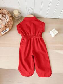 SHEIN LMoss Kids 女宝宝夏季可爱米色短袖收腰领连体衣 - 紅色 - 查看 2