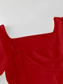 EMERY ROSE Women's High-End Satin & Satin Patchwork Evening Dress, Formal Banquet French Style Blouse, Spring/Summer - Red - View 3