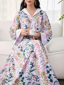 SHEIN Najma Đầm nữ thanh lịch, sang trọng và duyên dáng với họa tiết hoa và Ả Rập, dáng rộng. - Màu tím hoa cà - Xem 1