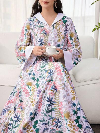 SHEIN Najma Đầm nữ thanh lịch, sang trọng và duyên dáng với họa tiết hoa và Ả Rập, dáng rộng.