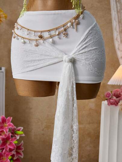 Femesol Women's Sexy & Elegant Lace Pearl Chain Decor Mini Skirt