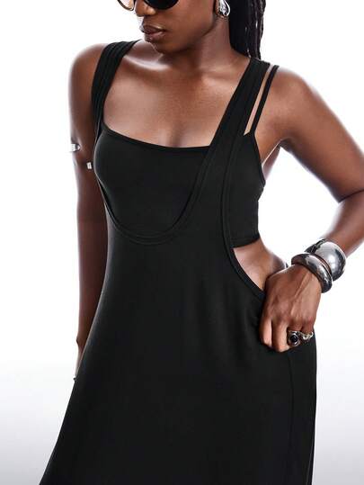 LYSMO 大码女式纯色露脐背心和吊带裙休闲套装镂空长裙黑色正式礼服女士舞会礼服礼拜服女式礼服正装