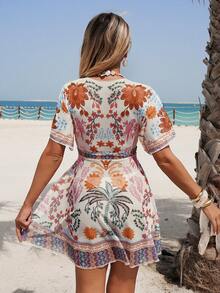 Swim Vcay Rochie de vară casual pentru femei, cu imprimeu minimalist, cu mânecă scurtă, pentru plajă, vacanță, lejeră - Multicolor - Vizualizare 2