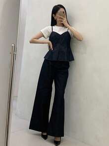 DAZY Áo sơ mi denim nữ dáng suông, cổ chữ V, dây mảnh, dáng xòe. - Màu xanh lam - Xem 6