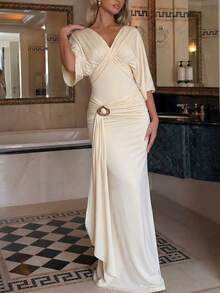 Lumalex 女士优雅黄色扭结设计金属装饰短袖修身喇叭连衣裙，春夏款 - 黃色 - 查看 4