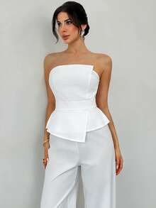 Firerie Bộ jumpsuit trắng ôm sát, thanh lịch, lãng mạn, bất đối xứng, kiểu dáng tối giản mới, thích hợp cho đám cưới, ngày Valentine, đi làm hàng ngày, xếp ly 3D, không tay, ôm dáng, dành cho nữ. - Màu be - Xem 3