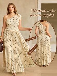 Roveilla 大码女装新款斜肩不对称褶皱宽松喇叭裙套装，浪漫优雅约会装，商务休闲通勤装，春夏波点印花套装 - 杏色 - 查看 7