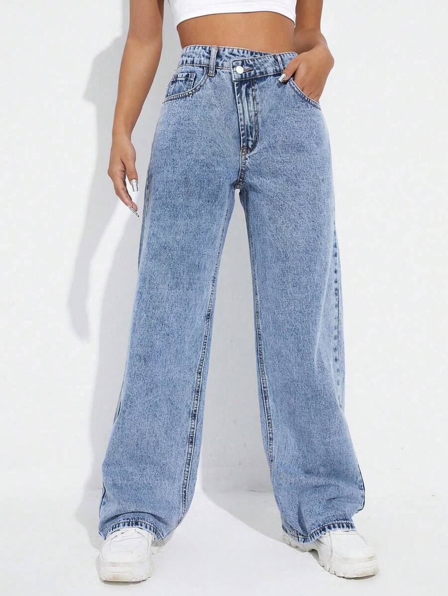 SHEIN EZwear Celana Panjang Wanita Ukuran Plus, Model Kasual, Pinggang Asimetris, Warna Washed - Light Wash - View 1