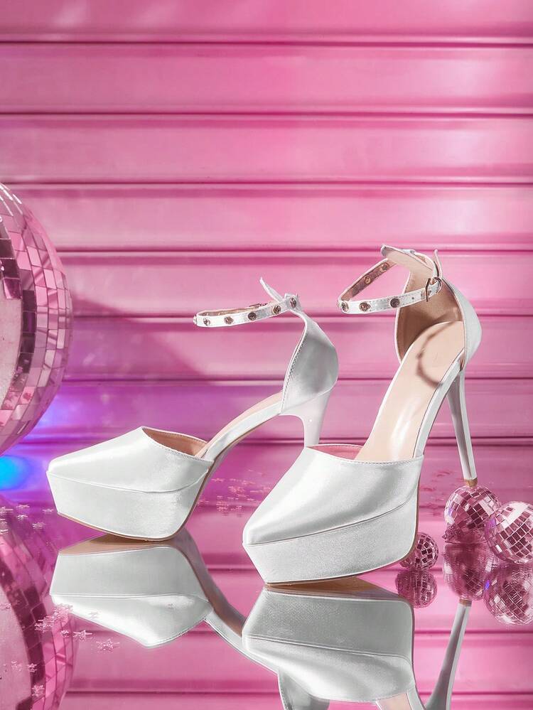 CUCCOO LuxiPop Spring/Summer New Fashion Crystal Embellished Ankle Strap Pointed Toe High Heel Platform Pumps, Satin Material, Elegant Sexy Stilettos For Formal Occasions, Date, Afternoon Tea, Party, Valentine's Day, Vacation, Travel, 2000s Style