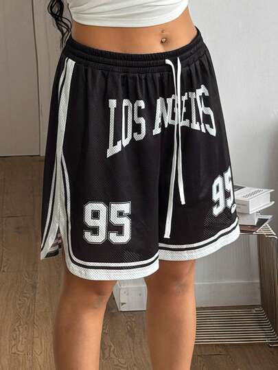 Coolane Pantaloncini sportivi neri in rete traspiranti, abbigliamento sportivo estivo oversize per donna