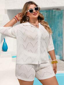 Vivid Eden Conjunto de top de punto y shorts de unicolor informal de talla grande - Blanco - Ver 5