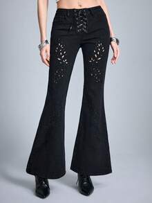 ROMWE Goth 哥特式镂空紧身喇叭牛仔裤 - 黑色 - 查看 1