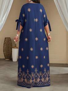 SHEIN Lady 大码夏季休闲碎花侧开衩连衣裙 - 彩色 - 查看 3