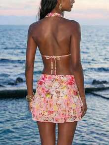 Women's Boho Multicolored Random Print Halter Camisole And Mini Skirt Knitted Two-Piece Outfit With Tie Back Details - Multicolor - View 2