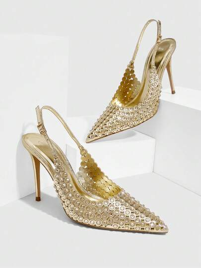 CUCCOO SZL Gold High Heel Sandals, Crystal Decorated Sandals, Pointed Toe Stiletto Evening Shoes, All Rhinestone Shiny High Heels, Backless Sandals, Metal Buckle Decor Sandals, Party Evening High Heels, Nightclub Rhinestone Sandals, Wedding Formal Shoes, 2025 New Crystal Sandals, Trending Slim High Heels, Designer Same Style Rhinestone Shoes