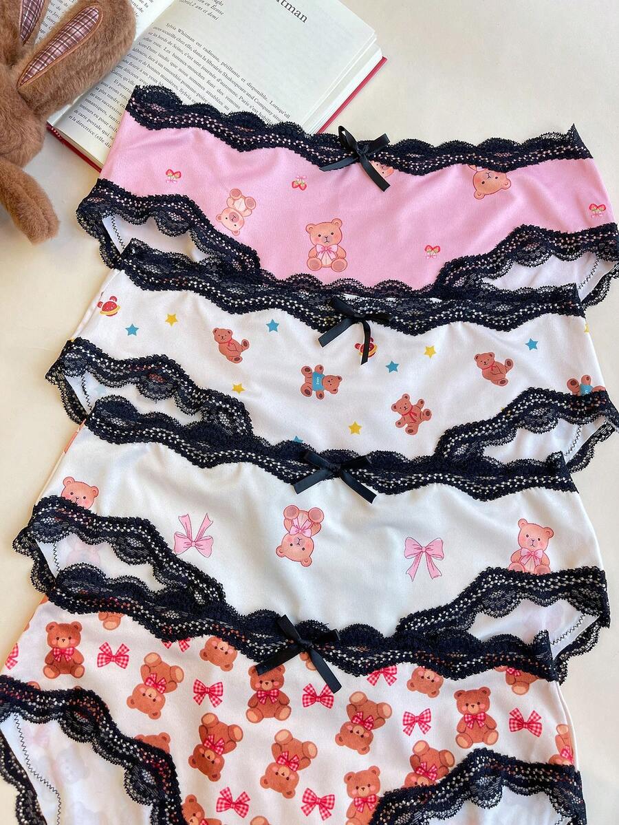4pcs Girls' Cute Bear Print Bow Lace Contrast Color Design Panties Set - Multicolor - View 1