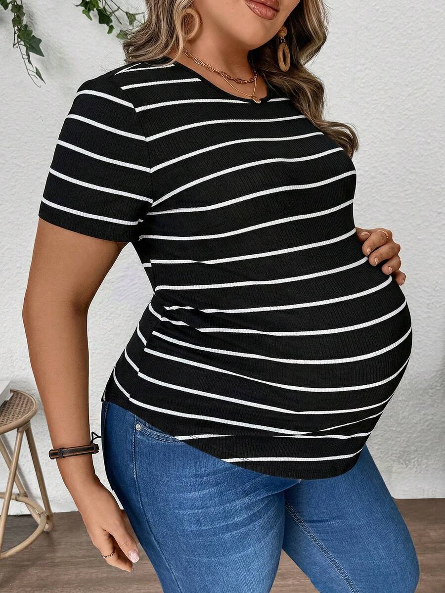 Plussiva Maternity Plus Size Casual Striped Short Sleeve Top, Summer - Black - View 1