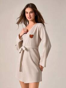 Women Waffle Knit Cute Bear Embroidery Detail Homewear Robe With Belted Comfort Lounge Robe - Beige - View 4