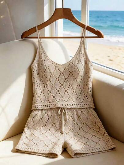 Franclia New Sexy Hollow Camisole Design Bohemian Style 2 Pieces Knit Sweater Set, Suitable For Beach Holiday, Summer Beige Two Piece Set Summer Two Piece Set Petite Vacation Outfit Dress Summer Seashell Dress Knit Two Piece Set Crochet Short Set Summer Lounge Set Knitted Bathing Suit Crochet Two Piece Set Beach Outfit Beach Two Piece Set
