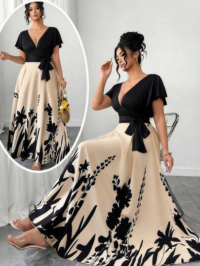 Elenzga 大码女式V领荷叶边下摆蝴蝶结腰身A字休闲连衣裙，宽松版型，碎花印花，舒适时尚，适合春夏穿着，日常、度假、工作及各种场合皆宜。