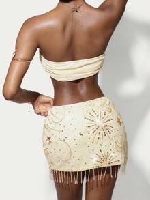 Amplova Vacation Beach Strapless Ruched Mesh Top & Low Waist Sequin Fringe Hem Skirt 2-Piece Set For Women - Light Yellow - View 2