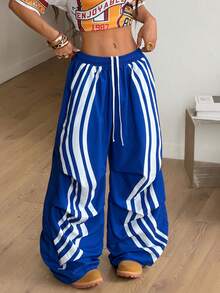 Coolane Women's Drawstring Waist Striped Wide Leg Loose Casual Pants - Blue - View 3