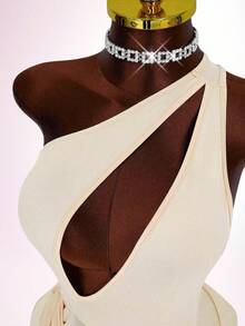 Mistrie French Sensual Style Beige Asymmetrical Shoulder Sleeveless Hollow-Out Bodycon Dress, Sexy Design Halter Neck Ruched Waist Metal Button Ruffle Hem Cake Dress, Suitable For Dates/Parties - Apricot - View 6