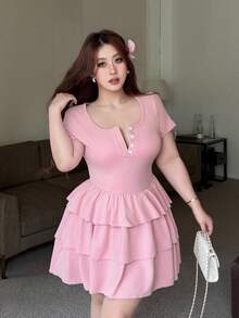 Vibekara Bodycon Knit Stretch Cake Dress Puff Dress Pink Ruffle Dress Pink Tea Party Dress Feminine Dress Dress Pink - Pink - View 6