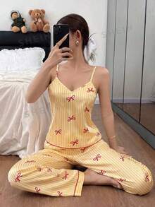 Napfluff 蝴蝶结条纹印花仿丝吊带背心和裤子女士睡衣套装 - 黃色 - 查看 5
