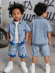 2pcs/Set Young Boy New Fashion Distressed Street Cool Style Graffiti Flame Print Loose Fit Blue Denim Short Sleeve Shirt And Long Jeans Shorts Set Spring Summer, For Kids Boy Spring/Summer Dailywear Outfits,Boys Streetwear Outfits,Beach Vacation Outfits For Boys,Boys Summer Boho Outfits,Casual Clothes For Boys,Graphic Jeans Boys,Toddler Two-Piece Set,4-Year-Old Boys Two-Piece Set,Summer Two-Piece Set,Casual Two-Piece Set - Light Wash - View 2
