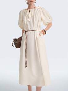 Aalyst Vestido camisero de mujer de poliéster-algodón con lazo en el cuello, mangas abullonadas, corte holgado, bolsillos laterales, manga corta, longitud larga. Elegante, romántico, vintage, para oficina, trayecto, negocios, playa, casual, versátil, adecuado para primavera/verano, vacaciones, San Valentín, té de la tarde, fiestas - Albaricoque - Ver 6