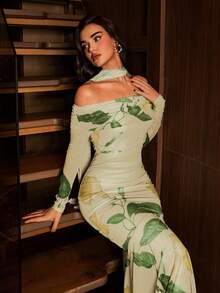 Modelyn Đầm nữ lưới in hoa, trễ vai, xếp ly, thắt nơ, thanh lịch, dài ngang gối. - Vàng nhạt - Xem 5