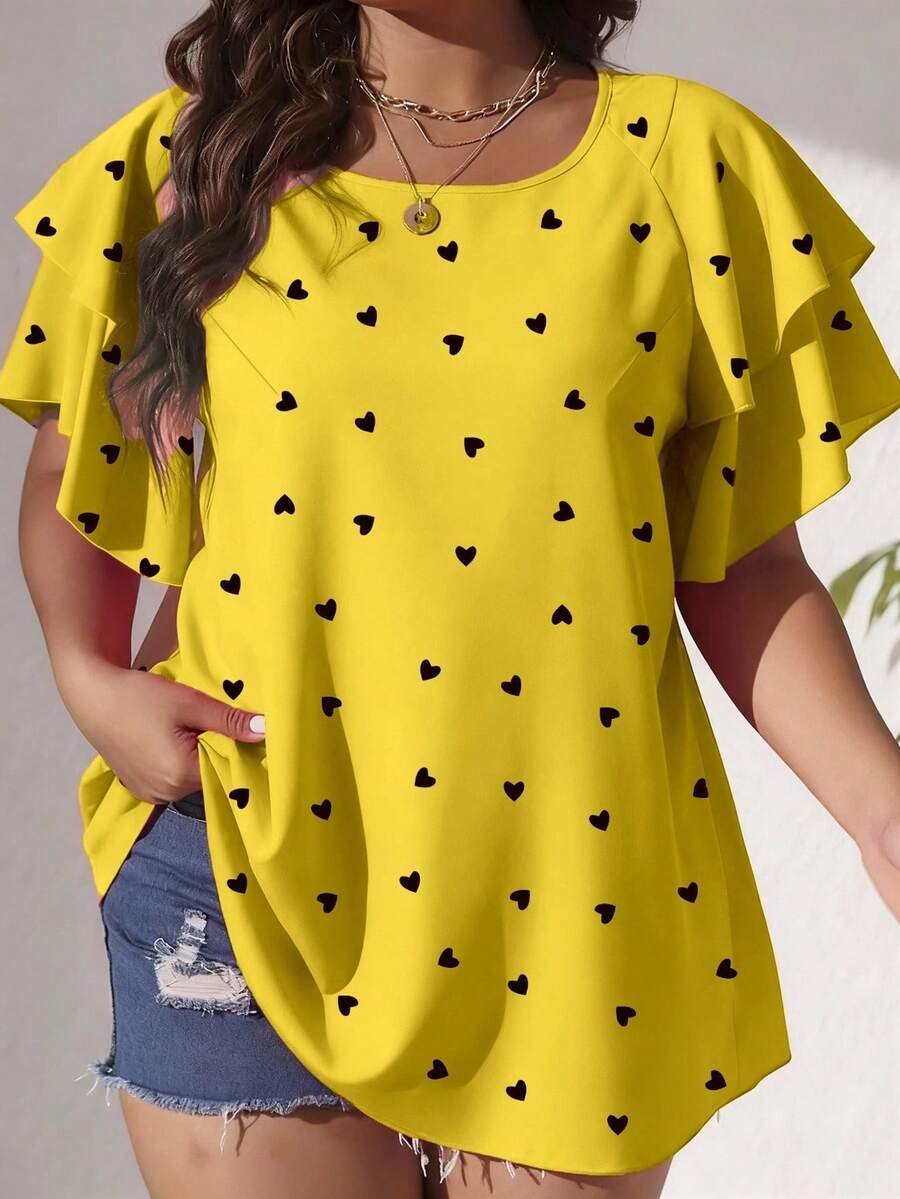 EMERY ROSE Plus Size Yellow Top With Black Heart Print Layered Short Sleeves And Regular Length Scoop Neck Casual Blouse - Yellow - View 1