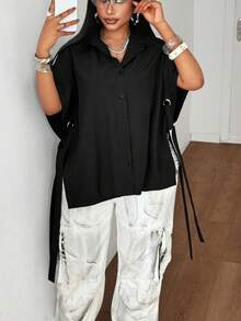 Maweii 女士夏季系带露肩无袖翻领大码衬衫，休闲日常穿着，派对装扮，度假装扮 - 黑色 - 查看 9