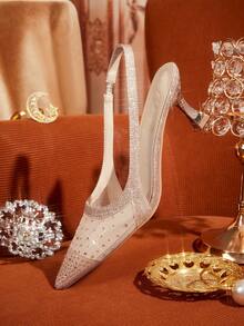 CUCCOO TILAWA Giày nữ, giày thời trang nữ mũi nhọn màu sâm panh đính đá, phối lưới, thời trang dự tiệc, ăn tối, lộng lẫy, gợi cảm, giày cao gót hở gót cho nữ. - Rượu sâm banh - Xem 3